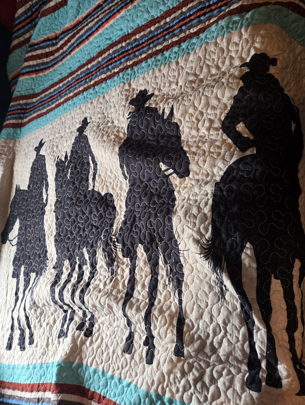 Western Horse Silhouette Quilted Comfort - Black on Cream with Turquoise Stripes